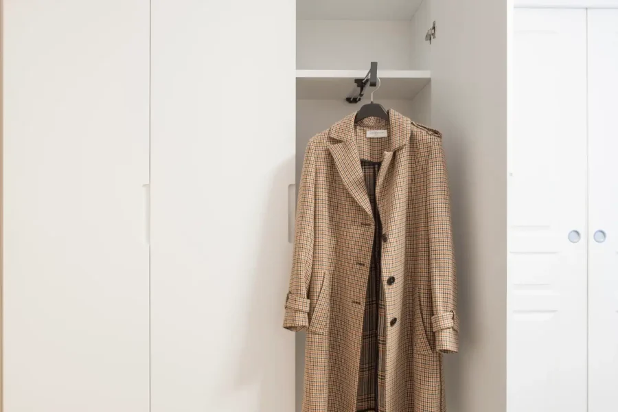 Intérieur de dressing avec tringle télescopique amovible et étagères fixes