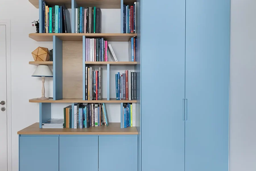 Ensemble de rangement multifonction avec cloison bibliothèque asymétrique