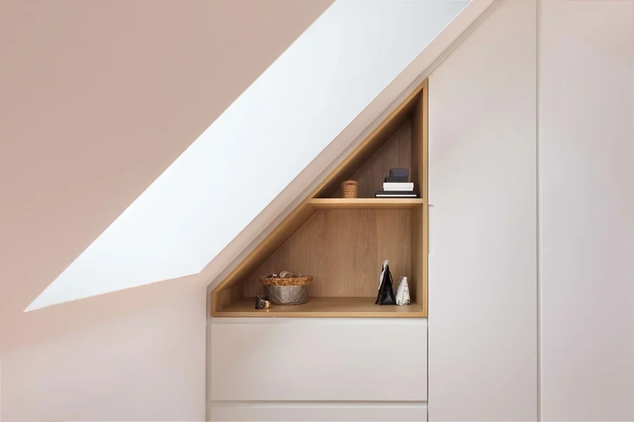 Rangement sous combles avec bois naturel apparent et blanc mat